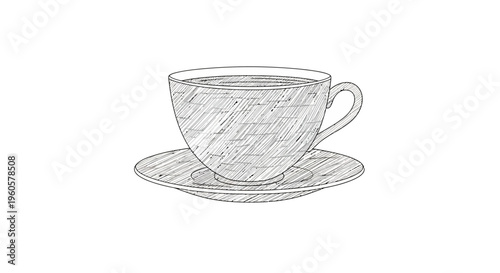 Hand Drawn Sketch of a Coffee Cup and Saucer on White Background