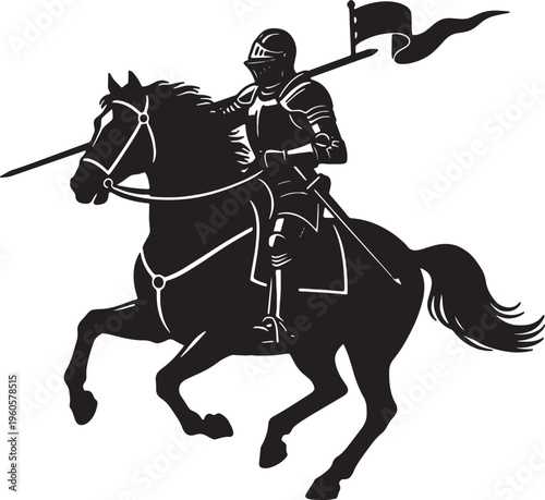 Knight on horseback with lance and flag charging forward