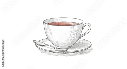 Hand-drawn illustration of a teacup with a spoon on a saucer, vintage style