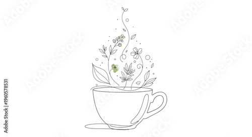 Herbal Tea Cup Drawing with Blooming Flowers and Steam