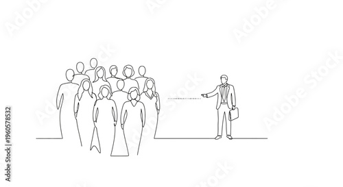 Leader addressing a diverse group of people, pointing towards a blank space for text.