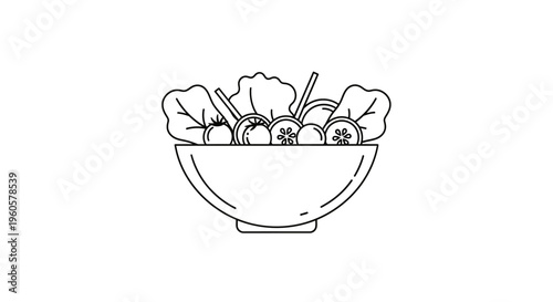 Healthy Salad Bowl Icon: Fresh Vegetables, Leafy Greens, Tomatoes, Cucumbers, Line Art