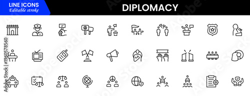 The diplomacy outline icon set comprises spoken and written communication, leaders, diplomats, the international system, and foreign policy. Editable stroke outline icon.