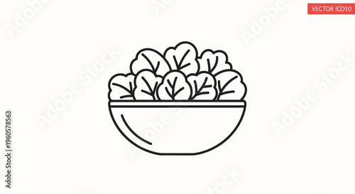 Healthy Salad Bowl Icon: Fresh Green Leaves in Simple Outline Style