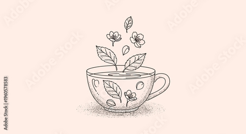 Herbal Tea Cup Infusion: Blooming Flowers and Leaves in a Delicate Sketch