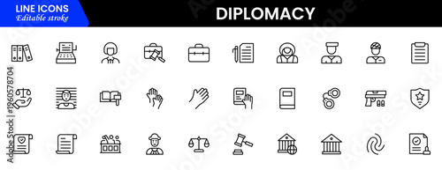 The diplomacy outline icon set comprises spoken and written communication, leaders, diplomats, the international system, and foreign policy. Editable stroke outline icon.