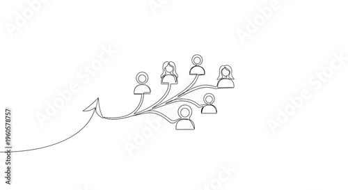 Teamwork concept: arrow growing to connect people icons, representing growth and collaboration