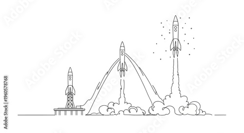Rocket Launch Sequence: Three Stages of Liftoff and Space Exploration