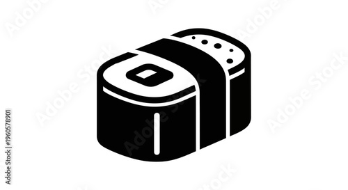 Black and white icon of a sushi roll with sesame seeds and nori wrap