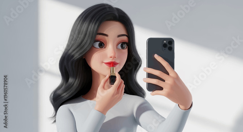 Animated Woman Applying Lipstick While Taking Selfie with Smartphone