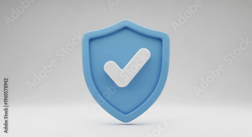 Blue shield with white check mark icon, security and protection concept, 3D render