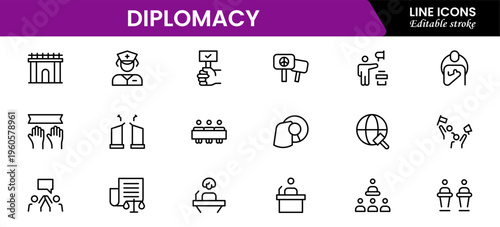 The diplomacy outline icon set comprises spoken and written communication, leaders, diplomats, the international system, and foreign policy. Editable stroke outline icon.