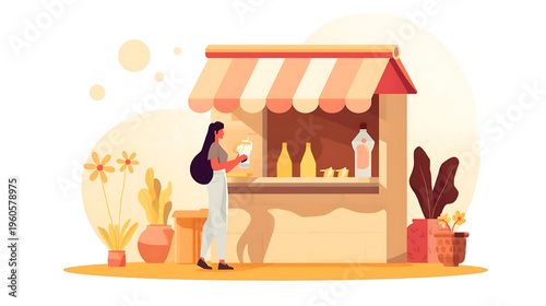 Woman buys food from colorful market stall with plants and drinks nearby outside