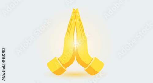 Golden praying hands, gesture of greeting, respect, and gratitude, isolated on white background.