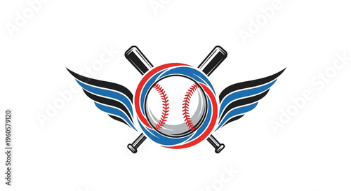 Baseball Wings Logo Emblem with Crossed Bats and Circular Swirl