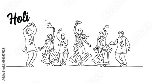 Happy Holi Festival Celebration Line Art Drawing of People Dancing