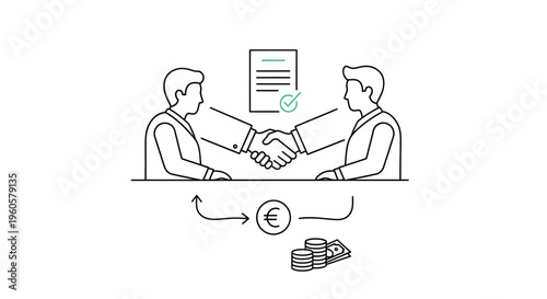 Business partners shaking hands over contract, euro symbol and coins
