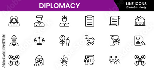 The diplomacy outline icon set comprises spoken and written communication, leaders, diplomats, the international system, and foreign policy. Editable stroke outline icon.