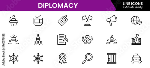 The diplomacy outline icon set comprises spoken and written communication, leaders, diplomats, the international system, and foreign policy. Editable stroke outline icon.