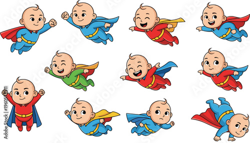 Superhero Baby Characters Flying in Different Poses with Capes in Red, Blue, and Green for Kids’ Superhero Designs, Illustrations, and Cartoons