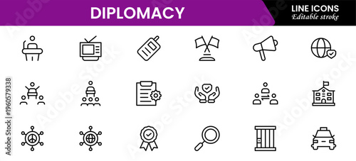 The diplomacy outline icon set comprises spoken and written communication, leaders, diplomats, the international system, and foreign policy. Editable stroke outline icon.