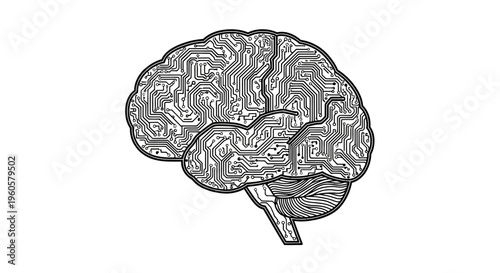 Digital Brain Circuit Board Outline - AI, Technology, and Innovation Concept