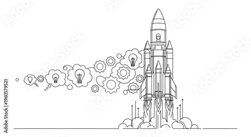Rocket Launching with Ideas and Gears - Business Startup Concept