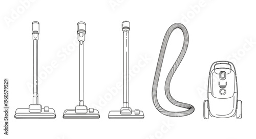 Vacuum Cleaner Parts: Hose, Wand, and Canister - Line Art Illustration