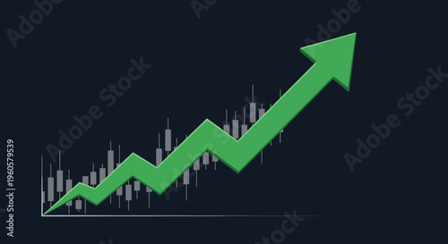 Green Arrow Graph Showing Upward Trend on Stock Market Candlestick Chart Background