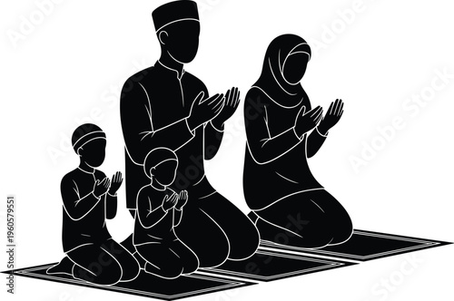Silhouette of a Muslim Family Including Father Mother and Two Sons Praying Together on Prayer Mats in Traditional Islamic Worship