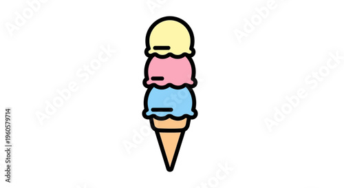 Three scoops ice cream cone, vanilla, strawberry, blueberry, summer dessert, sweet treat