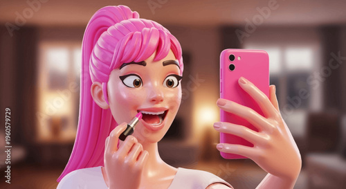 3D Animated Girl Applying Lipstick While Taking Selfie with Pink Phone