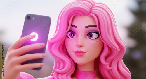 3D Animated Girl with Pink Hair Taking a Selfie with a Smartphone