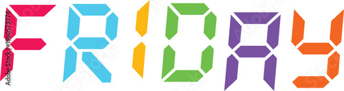 Vibrant digital letters forming the word 'FRIDAY' on a transparent checkered background in multiple colors.