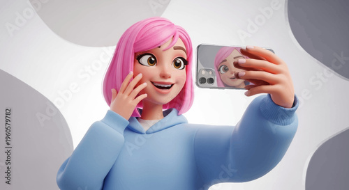 3D Animated Girl with Pink Hair Taking Selfie with Smartphone, Posing Happily