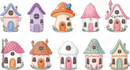 Cute fantasy mushroom houses collection fairy tale cottages cartoon vector illustration set