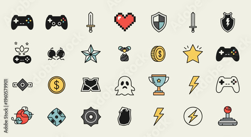 Pixel Art Game Icons: Controllers, Swords, Hearts, Shields, Coins, Trophies, Ghosts