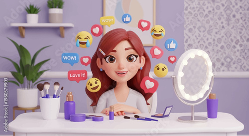 3D Cartoon Woman Influencer Live Streaming Makeup Tutorial with Social Media Icons