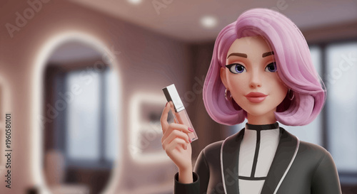 3D Cartoon Woman with Pink Hair Holding Lip Gloss in Beauty Salon