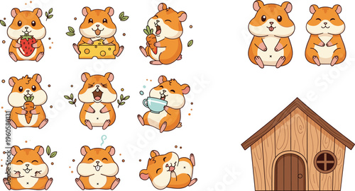 Cute hamster characters collection with eating sleeping playing poses and small pet house cartoon vector illustration set
