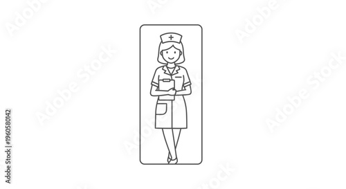 Minimalist line art illustration of a friendly nurse holding a clipboard representing medical care