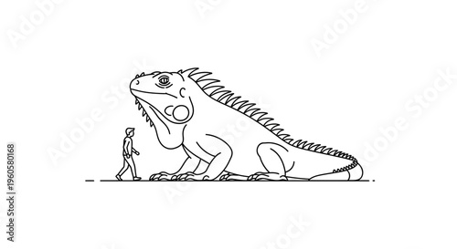 Massive reptilian creature looms over a human silhouette depicting grand scale comparison in clean