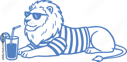 Lion wearing sunglasses and striped shirt with cocktail