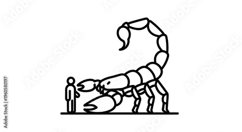 Outline illustration depicting a massive scorpion dwarfing a human figure, symbolizing colossal