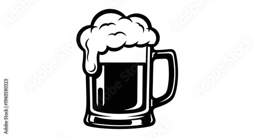Black and white illustration of a beer mug with frothy head