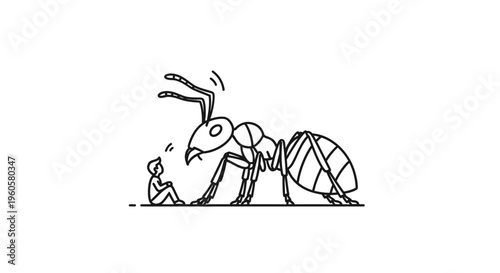 A tiny human confronts a colossal ant, exploring themes of immense scale and unexpected encounters