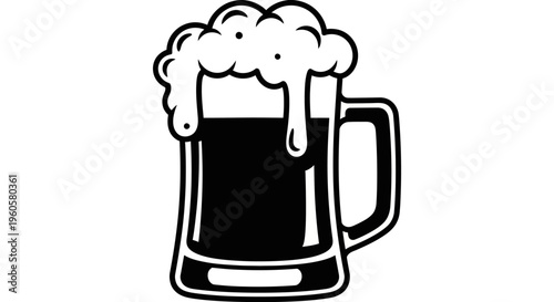 Black and white illustration of a frothy beer mug, isolated on white background