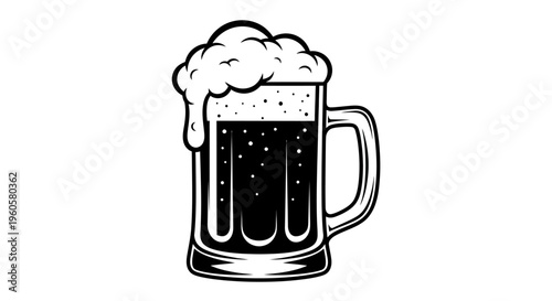 Black and white illustration of a frothy beer mug, vintage style