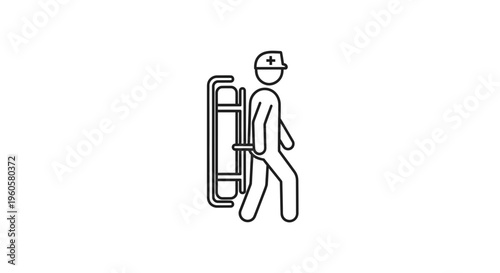 Emergency medical response professional carrying vital patient transport equipment line icon