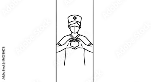 Caring healthcare worker making a heart gesture in a minimalist line art style graphic illustration